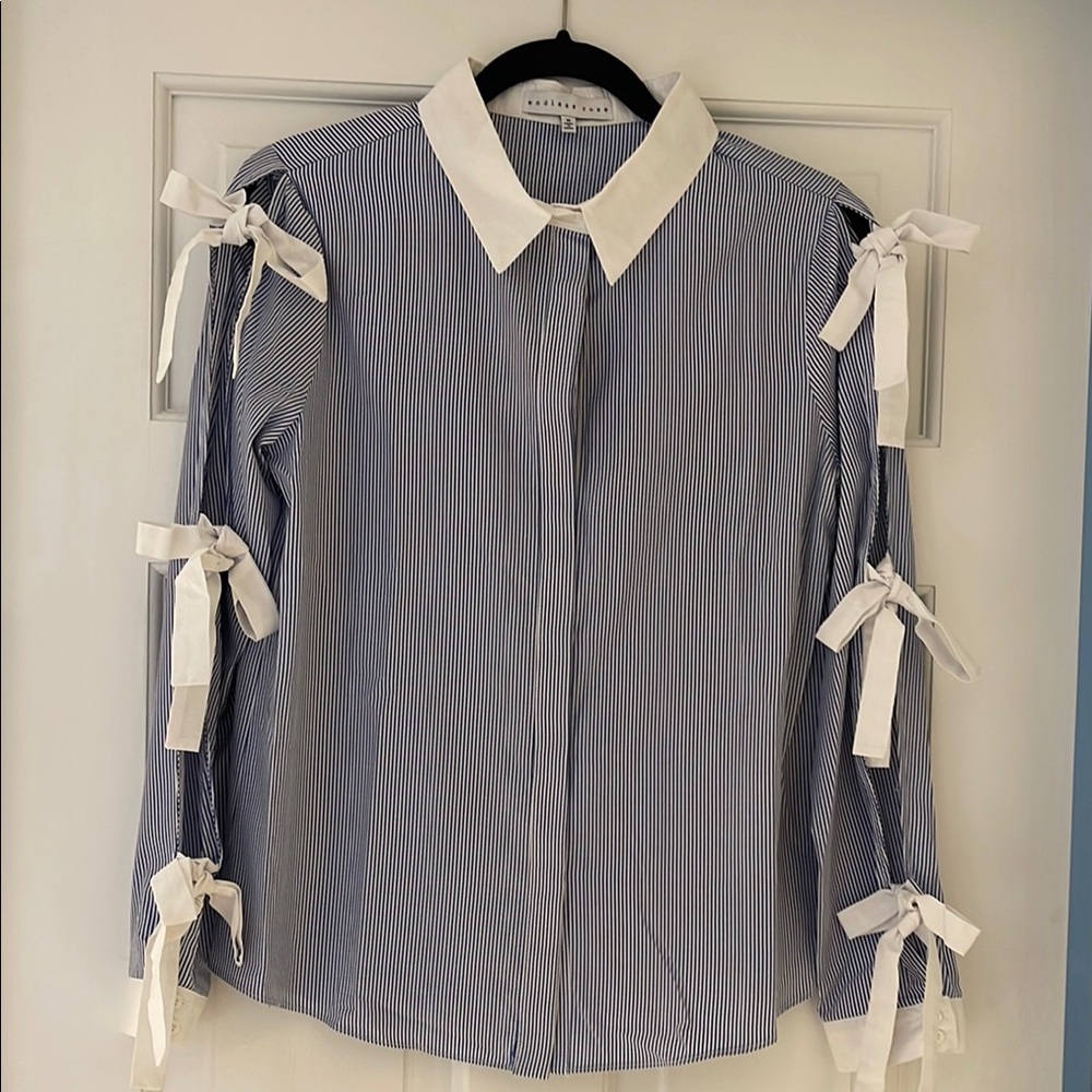 Endless Rose Blue and White Button Down Shirt with Tie Front